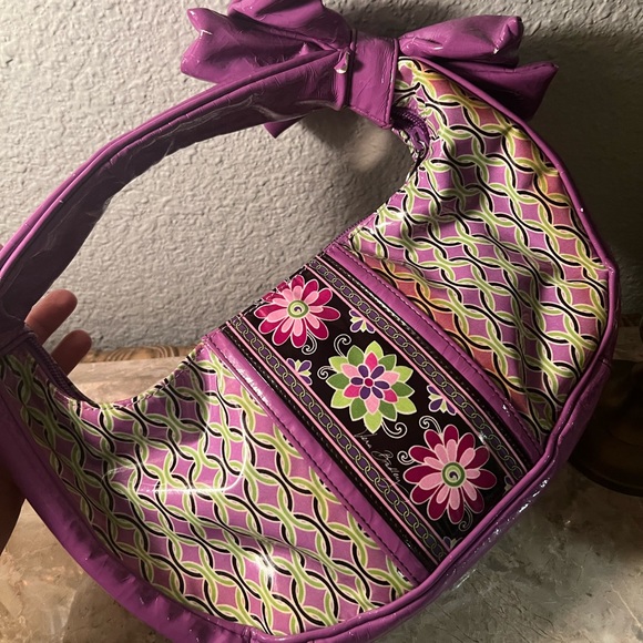 Vera Bradley FRILL Purple Green Floral Coated Vinyl  Bow Handle Hobo Handbag - Picture 4 of 15